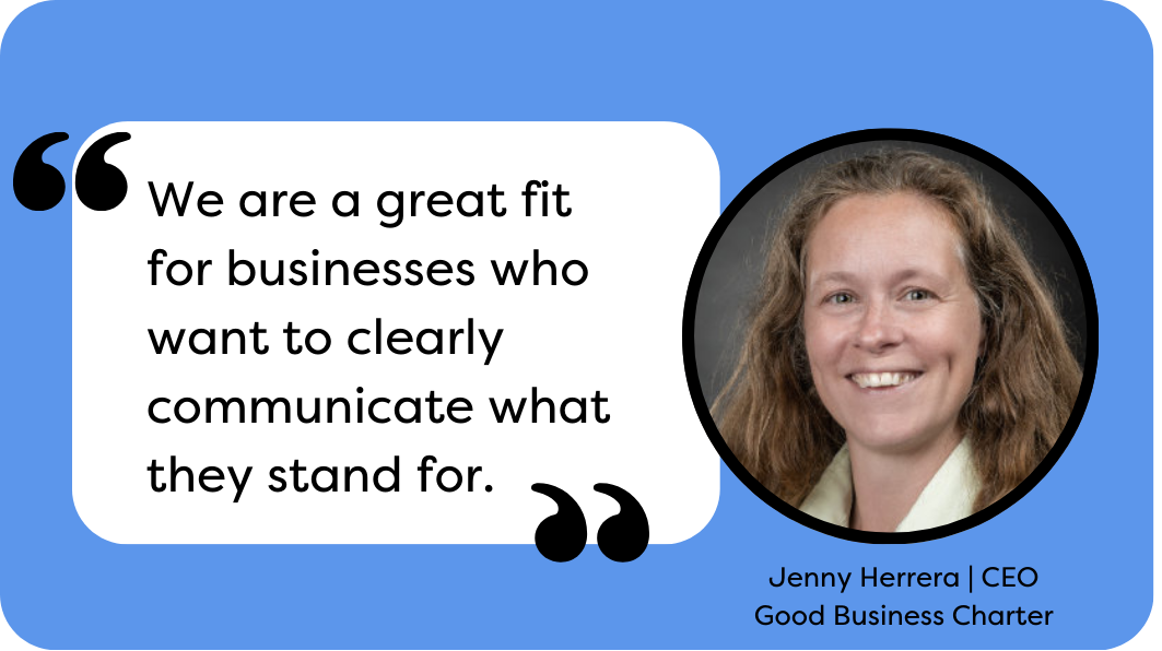 Graphic showing image of Jenny Herrera - CEO of GBC - and a quote from her: 'We are a great fit for businesses who want to clearly communicate what they stand for"