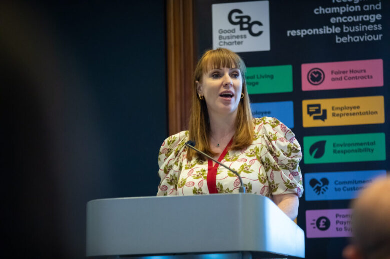 Deputy Prime Minister, Angela Rayner, delivers keynote speech at Good Business Charter's 5th anniversary event. Photography by Simon Walker.